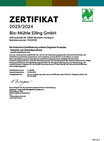 Naturland Zertifikat für Bio-Mühle Eiling